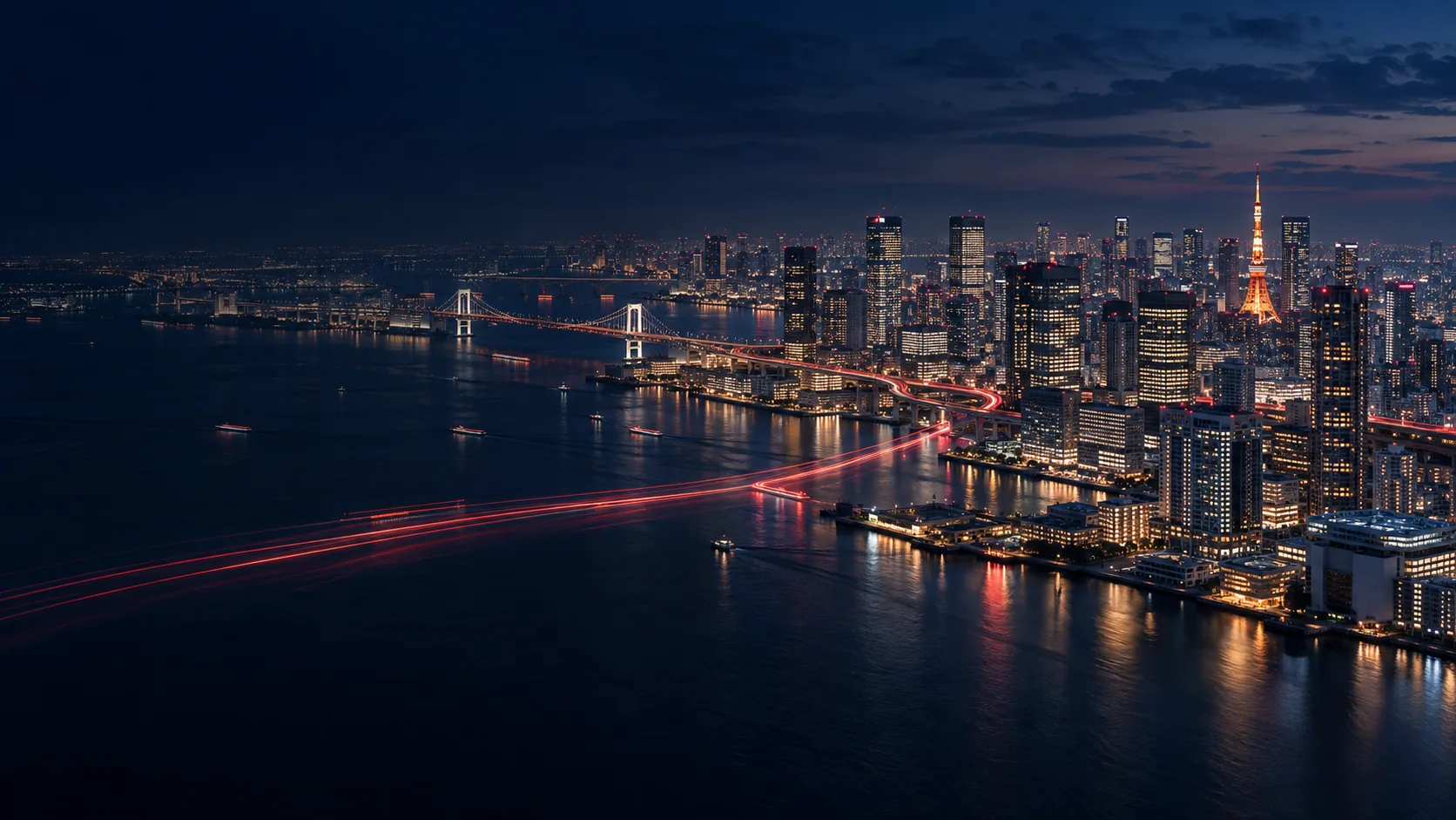 Conceptual Tokyo waterfront skyline at blue hour, with red light trails representing connectivity
